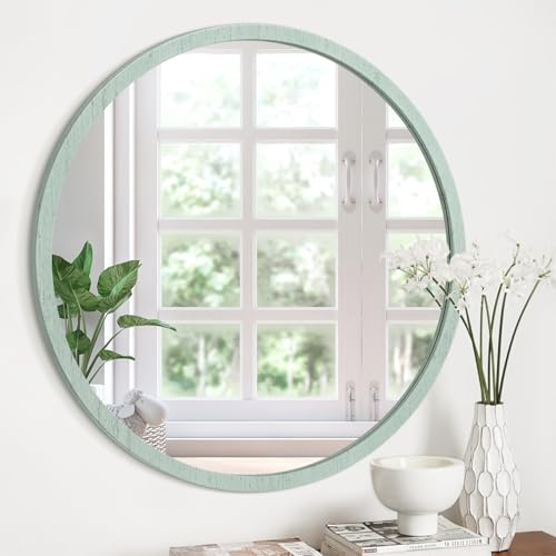 JJUUYOU 30CM Round Circle Mirror Vintage Wall Mounted Mirror with Wood Frame for Bathroom Living Room Bedroom Dormitory,Green
