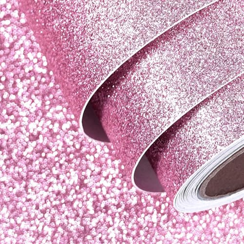 FunStick 40CM×6M Sparkly Glitter Peel and Stick Wallpaper Pink Bedroom Wallpaper Roll Glitter Contact Paper for Crafts Dressing Table Gift Card Making Waterproof Pink Vinyl Wrap for Cupboards Walls