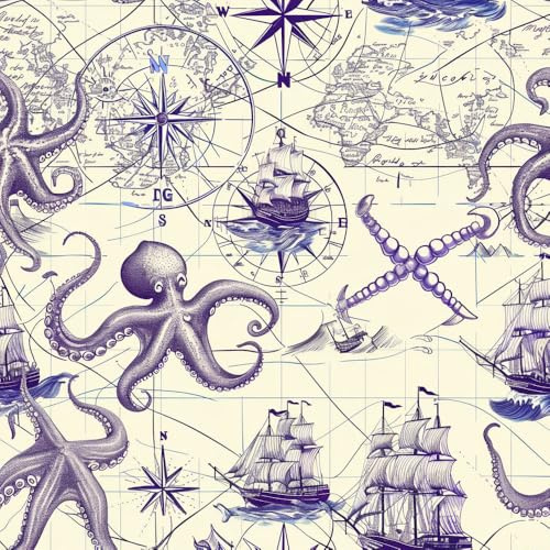 JIAOQSS Peel and Stick Wallpaper Vintage Nautical Octopus Self Adhesive Wallpaper Stick on Wallpaper Removable Vinyl Wrap for Living Room Bedroom Kitchen Wall Cabinets Decor