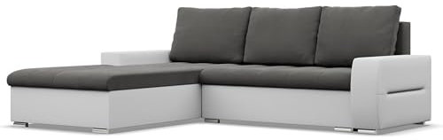 Mebligo - Ecksofa mit Schlaffunktion und Bettkasten Aurora, Eckcouch mit Ottomane Links, Sofa L Form (BxTxH) 243 x 200 x 92 cm, Couch Wohnzimmer, Ecke Sofa, Dunkelgrau + Grau (Samt und Kunstleder)