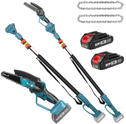 2 in 1 Mini Tronçonneuse et Élagueur sur Perche sans Fil, Tronçonneuse Télescopique de 8/6 Pouces, avec 2 Batteries et Chargeur, Portée 16/8 FT, pour Branches et Jardin (6 Pouces 2 in1)