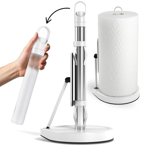 Stainless Steel Paper Towel Holder with Tension Arm and Spray Pump – One-Handed Tear, Smart Traction System, Heavy Duty Suction Cups, Weighted Base, Kitchen Towel Dispenser for Countertop Use (White)