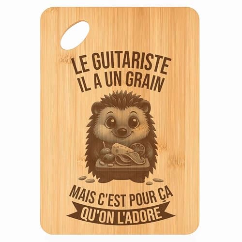 Planche à découper Le Guitariste Hérisson Grain - Plateau Apéro en Bambou Cadeau Gravé Collègue Homme Métier Cuisine Barbecue