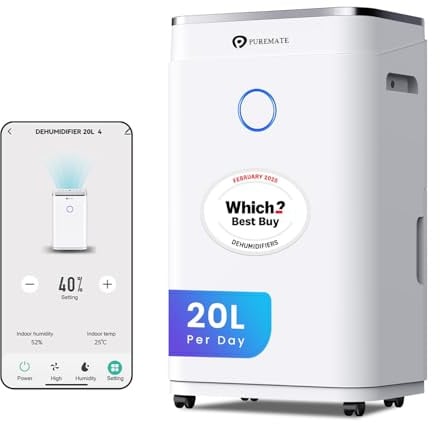 PureMate 20L Smart WiFi​ Dehumidifier ​for Home, Large 6.5L Tank or Continuous Drainage, Sleep Mode,​ Adjustable​ Humidity Sensor​, Laundry Drying​, 24H Timer​, Ideal for Damp​ & Condensation