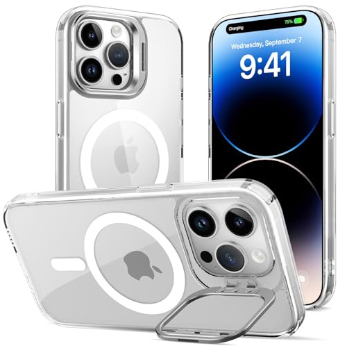 Cover Magnetica per iPhone 14 Pro Max con Cavalletto, Compatibile con Magsafe, Supporto per la Fotocamera Integrato Custodia, Militare Antiurto Sottile Protettiva Traslucida Glassata Case, Trasparente