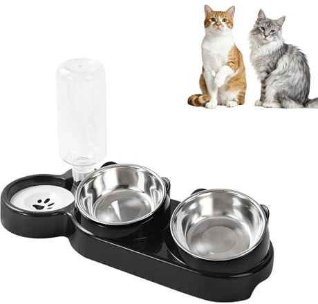 3-in-1 Cat Food and Water Bowl Set, Tilted Stainless Steel Bowls with Stand | Double Cat Bowls with Water Dispenser for Cats, Small or Medium Sized Dogs