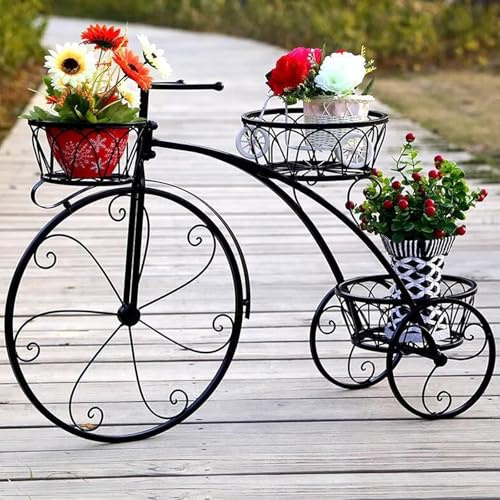 Liwankaqi Soporte para plantas para bicicleta, soporte para flores de metal con 3 cestas, escalera para flores, forma de bicicleta, para jardín, balcón, soporte para plantas, color negro
