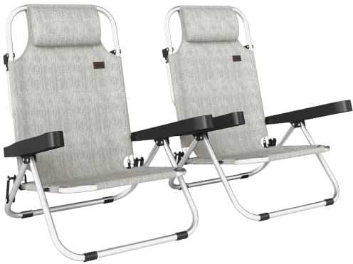 Outsunny Set di 2 Sdraio da Giardino Pieghevole e Reclinabile, Grigio | 4 Posizioni, Texteline, Telaio in Alluminio, Poggiatesta, Leggera, per Giardino Piscina Spiaggia