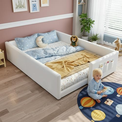 Hmluxury Polsterbett Kinderbett 140x200 cm Weiß, Mit 3 Stautaschen, Modern & Minimalistisch, Sicherer Umrandung, PU-Material & Sperrholz Qualität