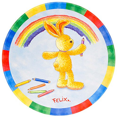 Felix der Hase Kinderteppich mit Regenbogen Farben, Weich und Soft Ø100 cm Rund, Farbe Hellblau, Öko-Tex zertifiziert, Bildmotiv für Jungen und Mädchen