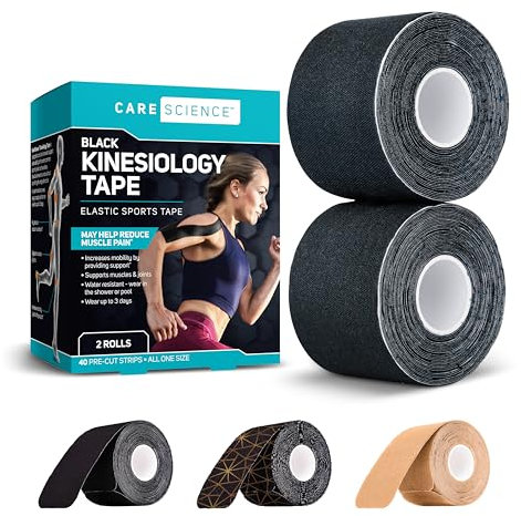 Care Science Waterproof Kinesiology Tape, 40 ct Precut Strips (2 Rolls), Black | Elastic Sports & Weightlifting Tape Supports Muscles & Joints. Water Resistant