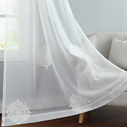 Leeva Weiße, durchsichtige Vorhänge für Wohnzimmer, Stickerei, Medaillon-Muster, 160 cm lange Stangentasche, leichtes Fenster, Voile-Behandlung für Schlafzimmer, 2 Scheiben, 132 x 160 cm