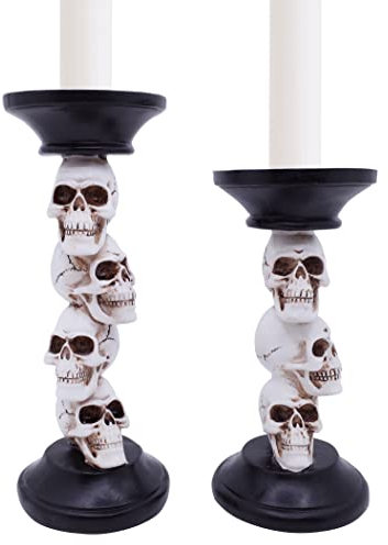 Etistta Halloween Totenkopf Kerzenhalter für Kamindekorationen, 24,1 cm hoch, Polyresin Kerzenhalter, weiße Knochen, schwarze Kerzenständer für Dekoration, 2 Stück