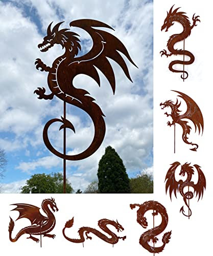 Gartenfigur Ehrfürchtiger Drache 60x44cm + Stab Gartenstecker Edelrost Gartendeko Wetterfest Rost Metall Rostfigur Drachen Figur Dragon von Steinfigurenwelt