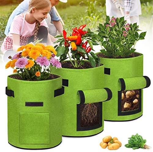 LZQ Pflanzsack 38L Kartoffelsack Pflanztasche mit Filzstoff Fenster, Griffen, Zum Anbau von Kartoffel, Tomaten, Zwiebeln, Gemüse, Blumen, Pflanzen(Grün, 10 Gallonen, 3 Stück)
