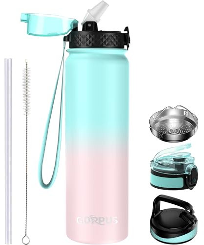GOPPUS 1L/32oz Thermosflasche mit Strohhalm Doppelschicht Edelstahl Trinkflasche 1 Liter Isolierflasche Auslaufsicher Sport Wasserflasche Kohlensäure Water Bottle Trinkflaschen BPA-frei Wasser Flasche
