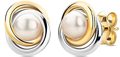 Orovi Damen Goldschmuck, Perlen Ohrstecker Weiß- und Gelbgold, Bicolor Knoten Ohrringe rund mit Süßwasser perlen 4 mm, 14 Karat (585) Gold
