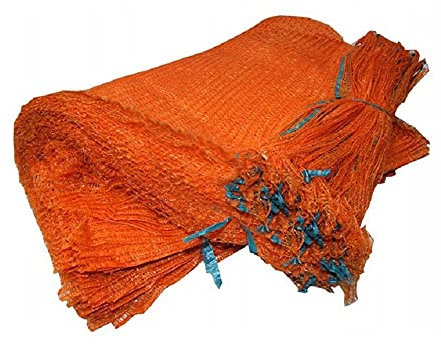 100 x Net Sacks 42 x 60 cm / 16.5 x 23.5 Max Load 15 Kg Non-Stretch with Drawstring, Raschel Bags, Mesh Sacks for Vegetables, Kindling Wood, Logs, Onion, Carrot, Potato (Orange)