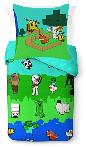 Jay Franco Minecraft Creative Mode Kinderbettwäsche-Set aus 100 Baumwolle, 135 x 200 cm, Einzelbettgröße – Bettbezug und Kissenbezug 80 x 80 cm