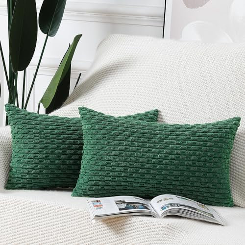 Madizz Lot de 2 Housses de Coussin en Velours côtelé rayé Boho Housse de Coussin décorative Douce pour canapé Chambre à Coucher Vert 40 x 60 cm