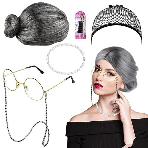 6er Set Oma Perücke,Old Lady Kostüm Großmutter Perücke,graues Oma Perücken Oma Kostüm Set Alte Damen Perücke für Halloween,Karneval, Maskerade, Bühnenauftritt, Kostümzubehör