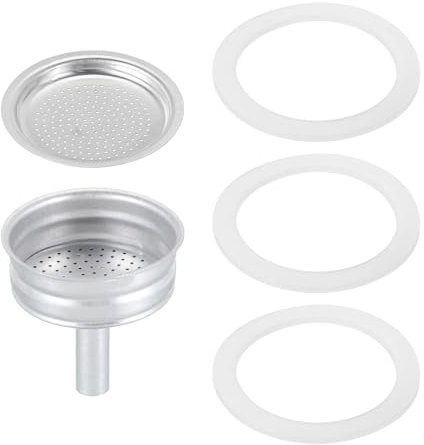 sourcing map Stovetop - Parti di ricambio per caffettiera espresso in alluminio, con 1 filtro e 3 guarnizioni in silicone, 1 imbuto da 50 x 40 x 5,5 mm, per caffettiera da 2 tazze (argento)