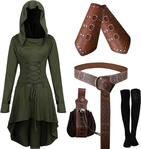 CNVAUIE Mittelalter Kleidung Kostüm Damen Set Mittelalterliches Kapuzenkleid Set Renaissance Kostüm Set mit Armschützern Gürtel Gürteltasche Strümpfe Zubehör (grün, L)