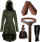 CNVAUIE Mittelalter Kleidung Kostüm Damen Set Mittelalterliches Kapuzenkleid Set Renaissance Kostüm Set mit Armschützern Gürtel Gürteltasche Strümpfe Zubehör (grün, L)
