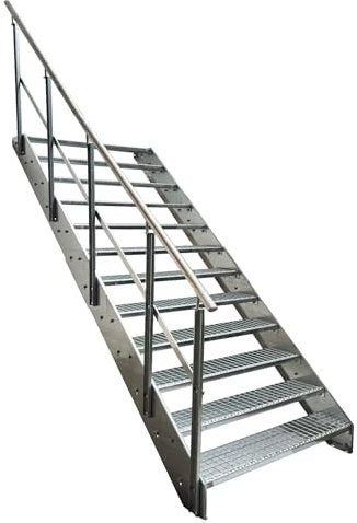 Kaminbau Mierzwa Premium Stahl Treppe mit Geländer links komplett Verzinkt / 12 Stufen (Breite 1000 mm) (Höhe 228 cm) Wetterfest Gitterroststufe Gartentreppe