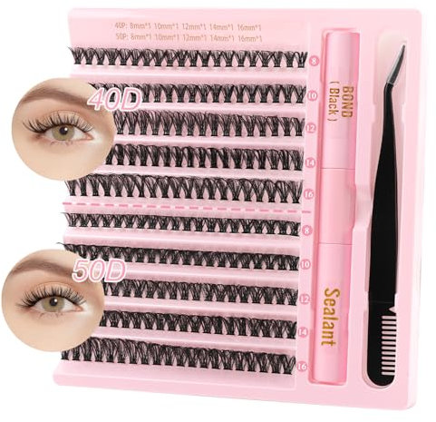 Poiuyoiu Kit de pestañas en racimo con pegamento para pestañas y pinzas de sellado, pestañas individuales 40D 50D, rizo 0,07 D, extensiones de pestañas DIY en casa, pestañas postizas esponjosas