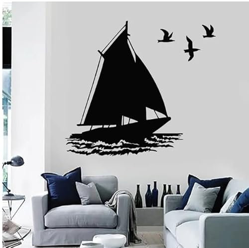 Wandtattoo Boot Boot Vogel Möwe Ozean Aufkleber Haus Aufkleber Tapete, schwarz, 57x63 cm Abnehmbare moderne Vinyl Poster Aufkleber