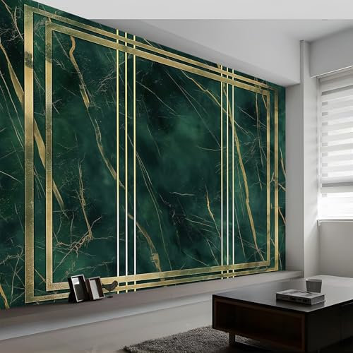 3D Wall Mural Marble Gold Texture Stripes Print Photo Wallpaper, Dark Green Non-Woven Wall Mural Decoration Poster Picture Design Modern 500 x 280 cm (W x H) Mural for Living Room Kids Bedroom
