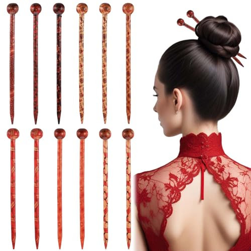12PCS 13cm Vintage Wood Hair Sticks Set, Boho Tortoise Shell Decorative Holder, Retro Forks Accessories, Japanese Chinese Inspired Chopsticks for Buns, Long Hair Women