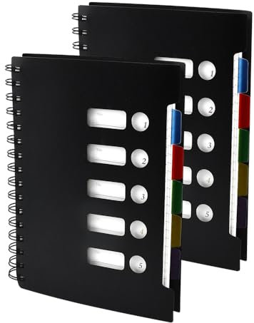 KYYGKY 2PCS Cuadernos A5, Libreta a5 de 150 Hojas, Cuaderno de Espiral con 5 Separadores y 1 Bolsillo Ampliable, Cuaderno de Rayas con Tapa Blanda para Escribir Diario Notas Listas de Tareas (Negro)