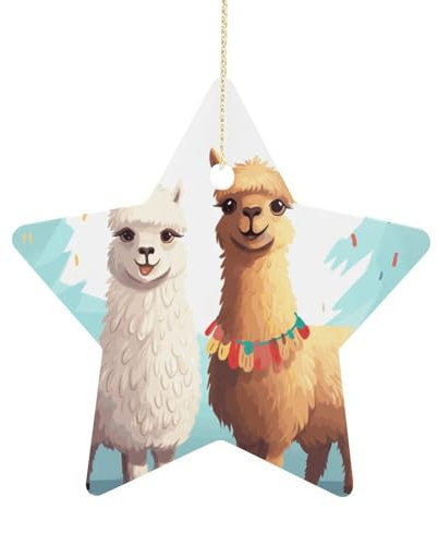 Weihnachtsschmuck Lama Alpaka Keramik Ornament Christbaumschmuck Stern Hängende Ornament für Weihnachtsbäume Hängende Porzellan Ornament für Weihnachten