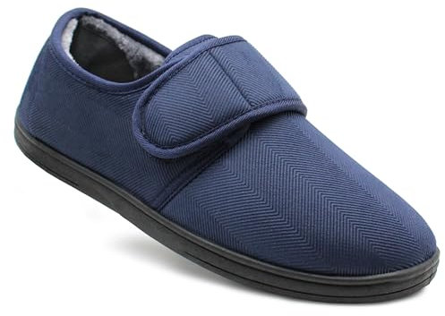 Dr Keller Mens Check Felt Faux Fur Lined Thermal Wide Opening Touch Fasten Slippers (Navy Blue, UK Footwear Size System, Adult, Men, Numeric, Medium, 11)