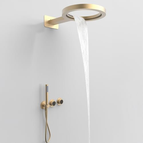 Colonne de Douche Encastrable Forme d'anneau, Ensemble de Douche Encastré Colonne Douche avec 36cm Anneau Tête de Douche, Douchette, Système de Douche, Mitigeur Douche Corps en Laiton (Or)