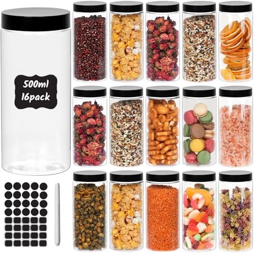 HYCKee 500ml Plastic Canning Jars with Black Lids, 16 Pack Plastic Food Storage Jars for Spice Dry Food Snack, Bean,1 Pen and 40 PCS Labels Kitchen Pantry Storage Jar