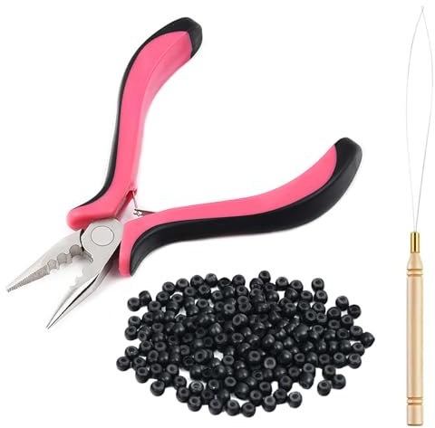 Vlasy Hair Extensions Pliers Kit with 3 Holes Hair Extension Pliers, Loop Needle Threader and 100Pcs 3.0mm Silicone Lined Nano Rings Beads for Hair Extensions or Hair Tinsel(Black)