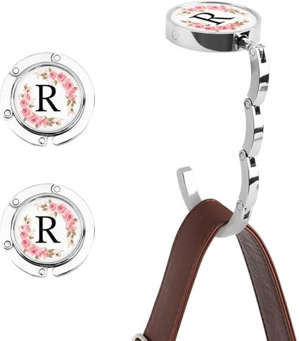 WALLFID 2PCS Personalized Initial Handbag Hooks for Table, Foldable Purse Hooks, Floral Letter Handbag Holders, Compact Bag Hangers for Women, Bag Hooks for Table (R)