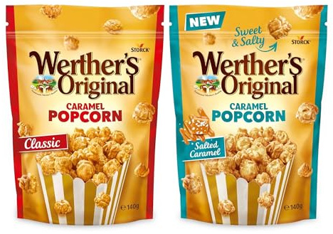Werther's Original Popcorn Caramel - Pack de 2 (2x140g) - 1x Crémeux & 1x Salé - Pop corn croustillant enrobé de caramel onctueux - Idéal à partager ou pour une pause gourmande