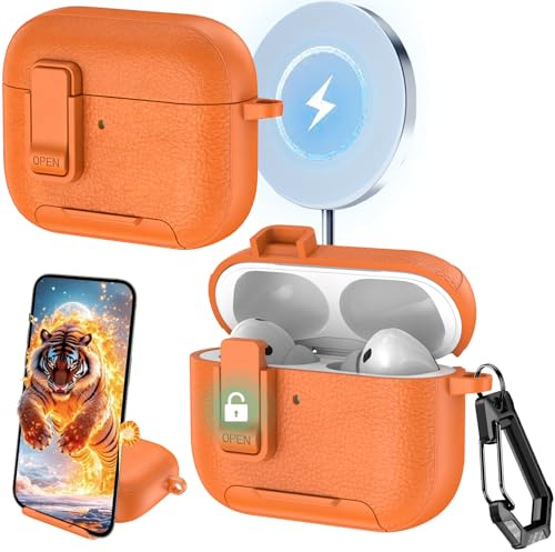 Ysnzaq Funda para AirPods Pro 2, Textura de Piel PWZ Naranja | Textura de Piel, Funda a Prueba de Golpes, con Mosquetón, ESTUCHE CON SOPORTE MULTIFUNCIONAL, Y BLOQUEO SEGURO