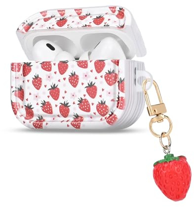 DiyGody Taschen Kompatibel mit Airpods Pro/Pro 2 Generation mit Schlüsselanhänger, Ultradünn TPU Schutzhülle mit Erdbeere Blumenmuster für Frauen, Stoßfeste Anti-Rutsch Anti-Staub Kein Geruch Hülle