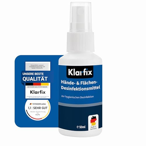 Klarfix Hände- & Flächendesinfektionsmittel nach WHO-Rezeptur für Hand, Haut und Flächen I Ideal für unterwegs | Wirksam gegen Bakterien, Pilze & Viren | Hygienisch & hautfreundlich (1x 50ml)