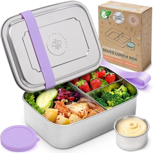 Everusely - Bento Box - Lavender - 1,1 L - Fiambrera de acero inoxidable con recipiente para salsas hermético - Recipiente para snacks de 3 compartimentos