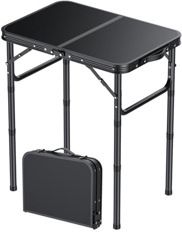 HOMGEN 58 x 40cm Folding Camping Table with 3 Adjustable Heights, Aluminum Portable Foldable Table Lightweight Picnic Table for Outdoor Indoor Kitchen Garden, 3 Heights (25/47/70cm) (Black)