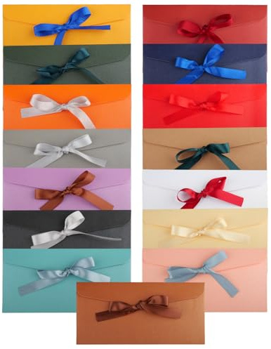 suaywo 15 Stück Kraftpapier Umschläge für Einladungen und Thanksgiving. | mit Bändern 15 Farben Retro Kraftpapier Farbige Kraft Briefumschläge 22 x 11cm Perlglanz Papier Umschlag Mit Schleife.