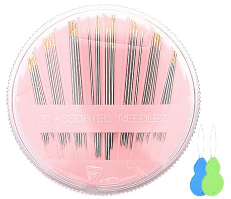 30PCS Sewing Needles Kit, Gold-Plated Multi-Size with Threaders, Hand Embroidery Needles in Pink Rotary Case