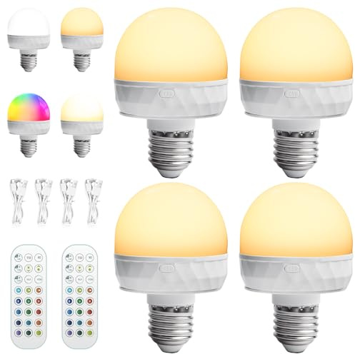 GBKDQQ Wiederaufladbare Glühbirne mit Fernbedienung, 4 Stück PC-Material Dimmbare LED Glühbirne E27, Magnetisch RGB LED Glühbirne, Akku Glühbirne mit Timing-Funktion, Notlicht für Camping