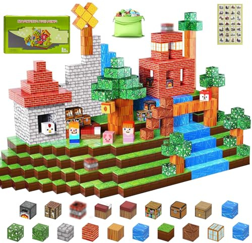 Lnxquizzic Magnetische Bausteine, 120 Teile Magnetblöcke mit 5 Minifiguren, 10 Aufklebern- Pixel Blocks Design - Kreatives Magnetspielzeug für Kinder ab 3 Jahren Kinder.
